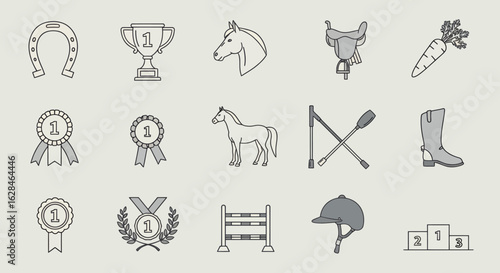 A comprehensive set of minimalist line art vector icons representing various elements of horse riding, equestrian sports, and stable life.