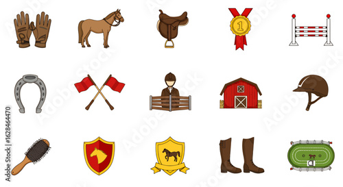 High-quality vector PNG icons of equestrian equipment, horses, and riding essentials, perfect for websites, apps, and presentations related to horse riding and equestrian sports.