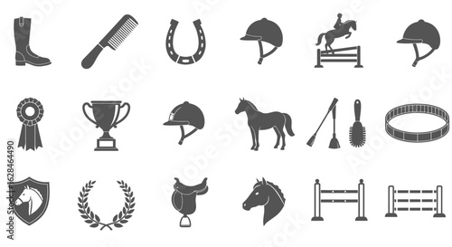 A collection of equestrian-themed vector graphics, including horseshoes, riding helmets, boots, and other related elements, suitable for design projects and illustrating equestrian activities.