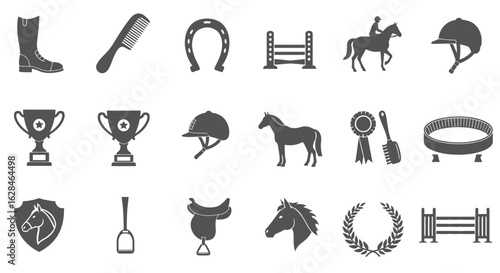 Collection of equestrian symbols and equipment, including a horseshoe, riding boots, helmets, and trophies, presented in a clean vector graphic style.