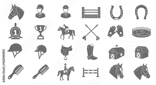 A comprehensive collection of black and white vector icons representing horse riding, equestrian sports, and related equipment.