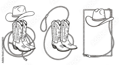 A set of vector illustrations showcases cowboy boots, a hat, and a lasso, perfect for Western-themed designs, with a transparent PNG background for easy integration.