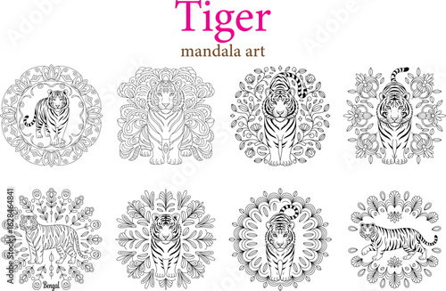 Detailed mandala style tiger illustrations in black and white with floral and ornamental designs for coloring projects