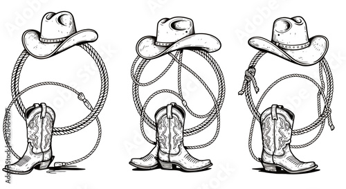 A set of three vector illustrations showcasing cowboy boots, hats, and lassoes, perfect for Western-themed designs and projects, rendered in a clean, graphic style.