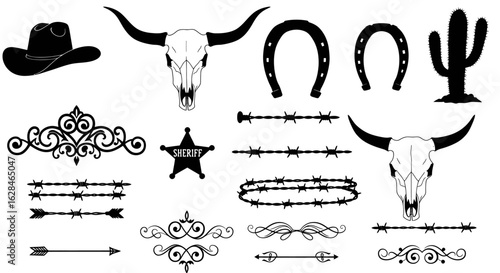 High-resolution vector PNG graphics of western design elements, including horseshoes, cowboy hats, longhorns, and barbed wire, ideal for branding and design projects.
