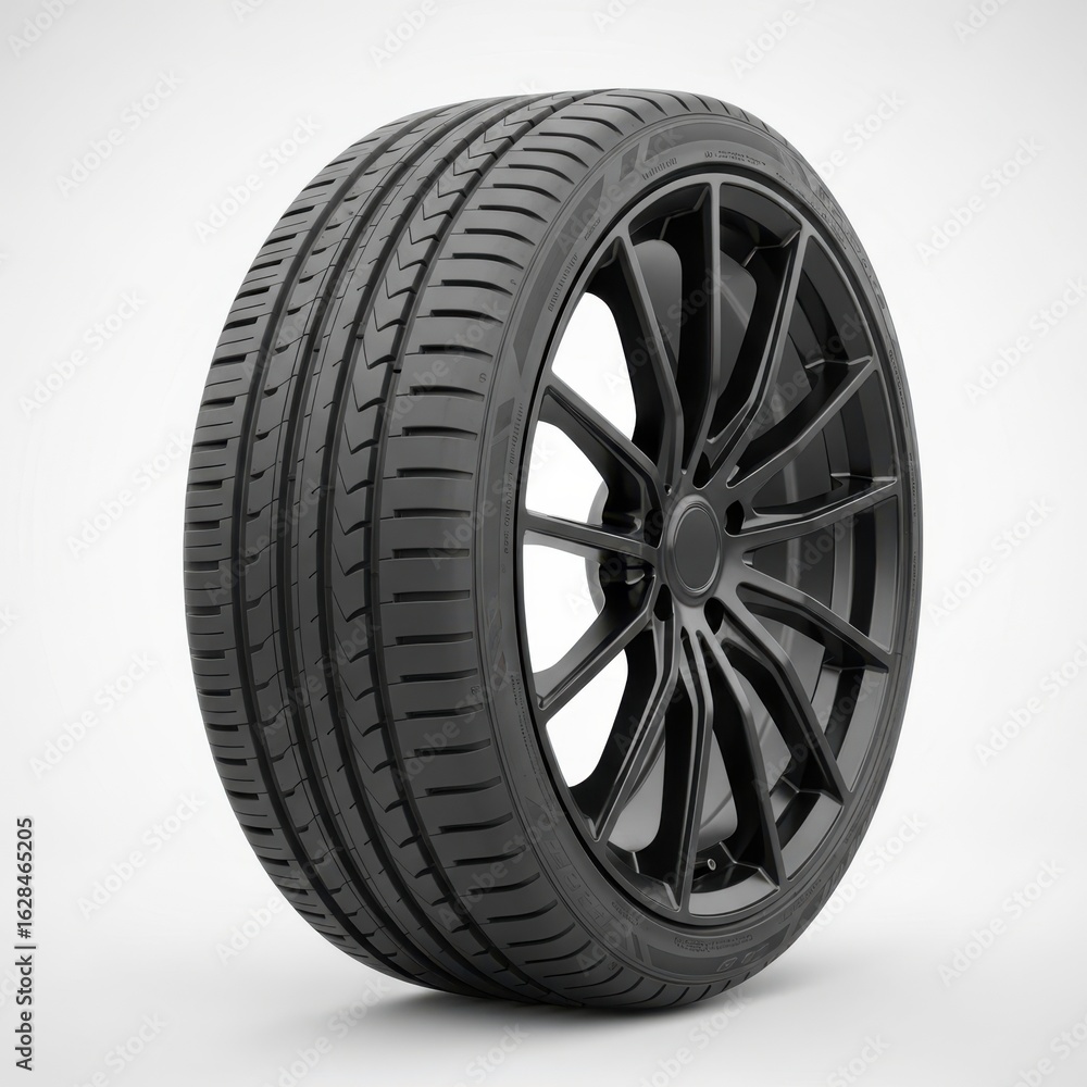 Obraz premium Car tire with black alloy wheel isolated on white background
