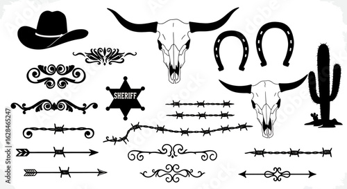 A collection of vector graphics featuring a cowboy theme, including a hat, horseshoe, bull skull, cactus, sheriff badge, barbed wire, and decorative elements, perfect for design.