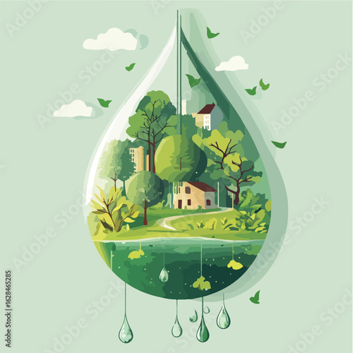 Nature in Water Drop with Green Ecology