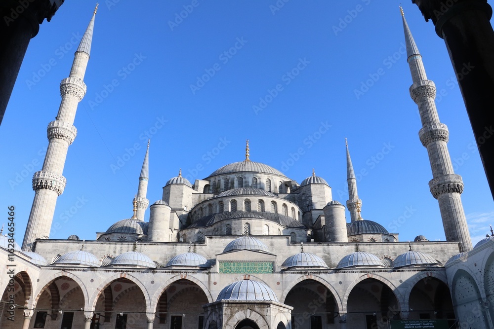 Fototapeta premium Blue Mosque in Istanbul, Turkey, showcasing its domes and minarets against a clear blue sky