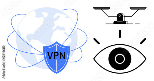 Globe with VPN shield for internet security, surveillance camera, and observing eye symbol. Ideal for cybersecurity, privacy, data protection, anonymity, monitoring, digital safety and simple flat