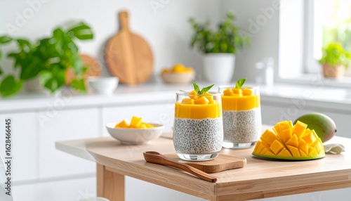 Delicious Mango Chia Seed Pudding in Glasses on Kitchen Table