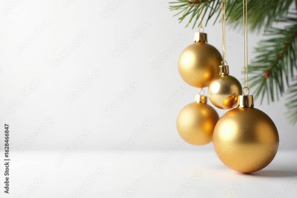 Elegant gold Christmas baubles hanging against pure white backdrop , celebration, xmas Elegant gold Christmas baubles hanging against pure white backdrop , celebration, xmas