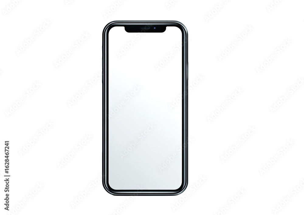 Sleek, black smartphone with a blank white screen, slightly curved edges, and minimal bezel Sleek, black smartphone with a blank white screen, slightly curved edges, and minimal bezel