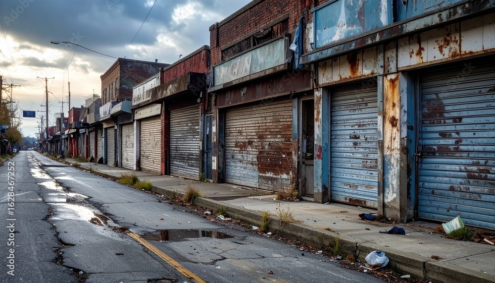 Realistic row of shuttered storefronts on a deserted urban street, metal roll-down gates closed, weathered signage above each shop, cracks on the pavement, litter scattered along the curb, with overca Realistic row of shuttered storefronts on a deserted urban street, metal roll-down gates closed, weathered signage above each shop, cracks on the pavement, litter scattered along the curb, with overca