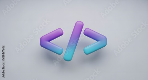 A floating 3D code symbol with a vibrant purple to cyan gradient on a minimalist grey background.