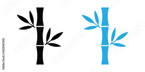  bamboo stalks icon silhouette.Simple black bamboo stalk and leaves.Elegant bamboo stalks in black and blue create a minimalist, calming visual for nature and wellness branding.