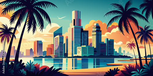 Here's your sentence:

A vibrant sunset paints the Dubai skyline, showcasing its modern urban architecture and towering skyscrapers reflected in the tranquil marina waters