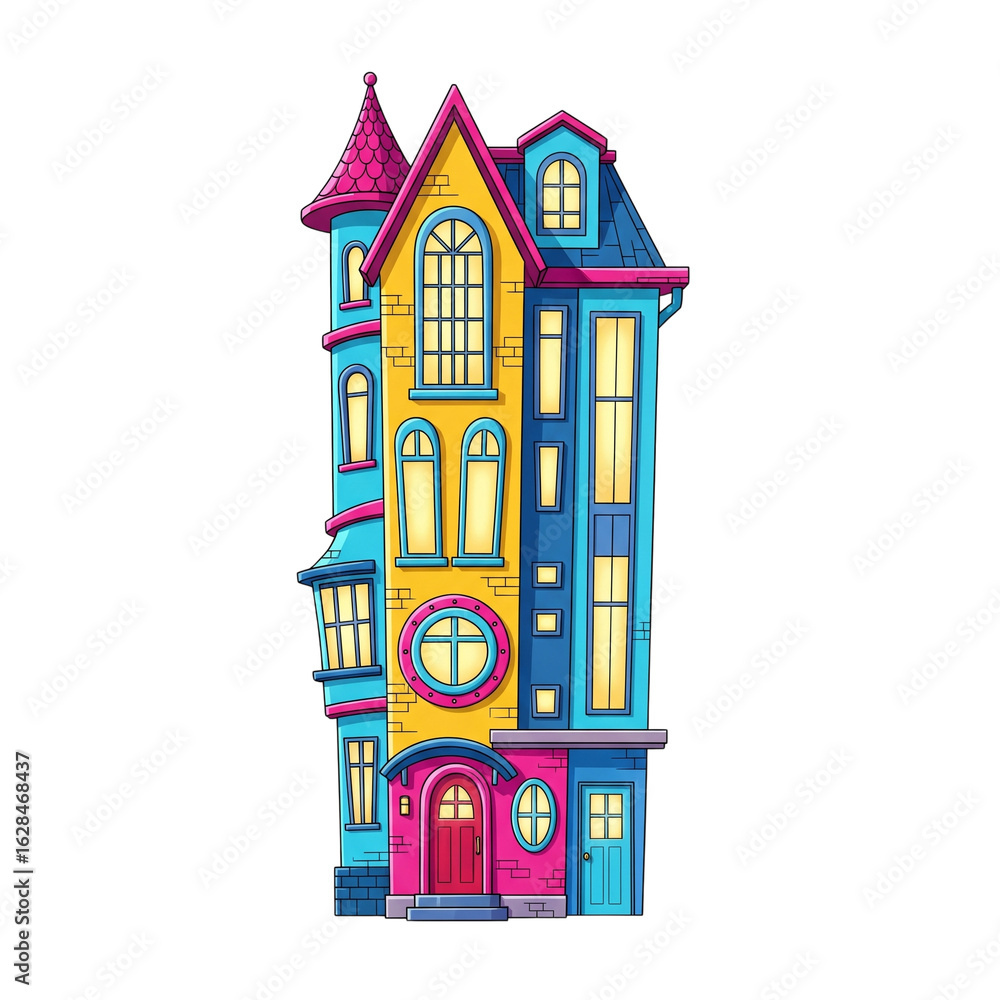 Naklejka premium Colorful cartoon house illustration with whimsical design and vibrant colors isolated on transparent background