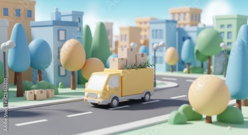 Cartoon style delivery truck transporting packages through a vibrant miniature city scene