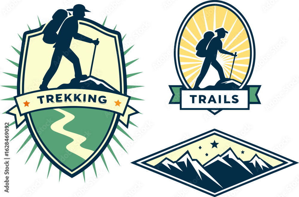 Fototapeta premium Collection of stylized outdoor adventure logos featuring hikers mountains and trails perfect for branding and design