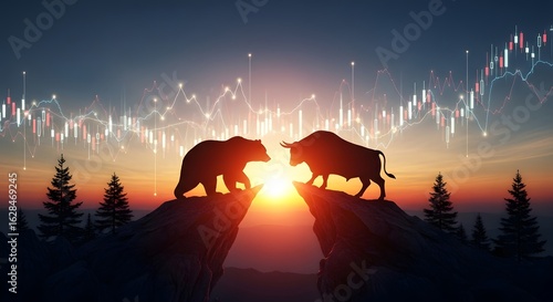 Silhouette of a bear and bull facing each other on rocky cliffs with a rising sun and stock market graph overlay.