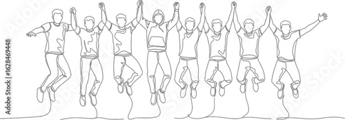 Dynamic team celebrates success jumping together with arms raised high