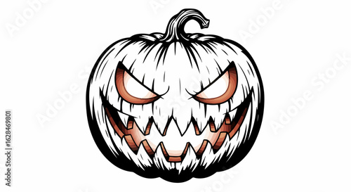 Spooky white jack-o'-lantern with glowing orange eyes and jagged grin, perfect for frightening Halloween celebrations and autumn themes.