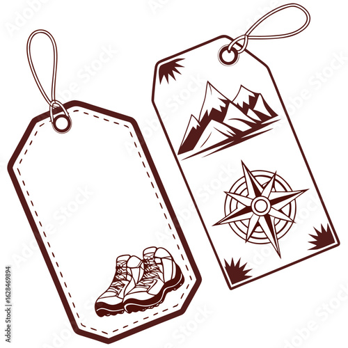 Two stylized travel tags one featuring hiking boots and the other mountains and a compass rose perfect for adventure or outdoor branding