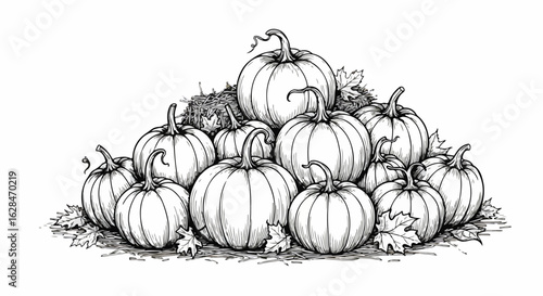 Abundant harvest of detailed line art pumpkins and autumn leaves creates a rustic, vintage feel perfect for fall celebrations and seasonal designs.