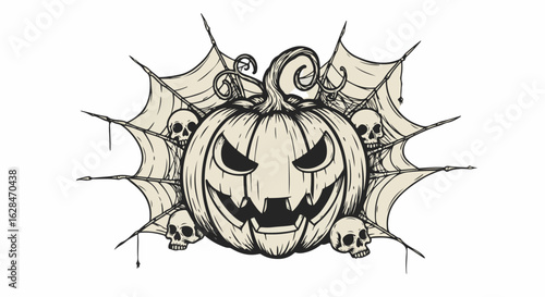 Spooky Halloween jack-o'-lantern surrounded by creepy skulls and tattered spiderwebs, perfect for your festive decorations and chilling party invitations