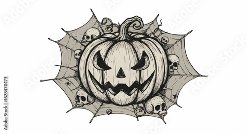 Spooky Halloween jack-o'-lantern surrounded by creepy skulls and cobwebs, perfect for your frightful holiday designs and chilling promotions.