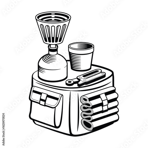 Compact bug-out bag contents including mini stove, foldable cup, multitool, and thermal blanket, black and white isolated vector illustration