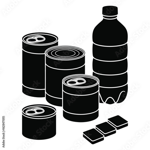 Emergency food and water supply silhouettes including canned goods, water bottle, and purification tablets, black and white isolated vector illustration