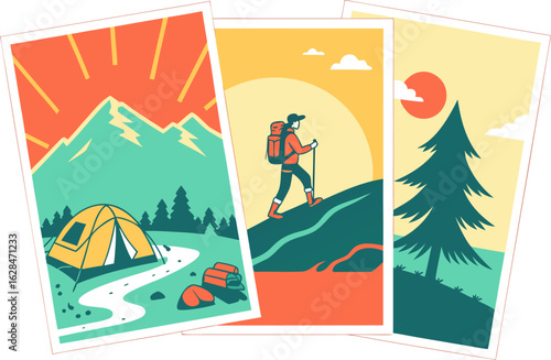 Vibrant retro style illustrations of mountain camping and hiking adventures with stylized sunsets and evergreen trees