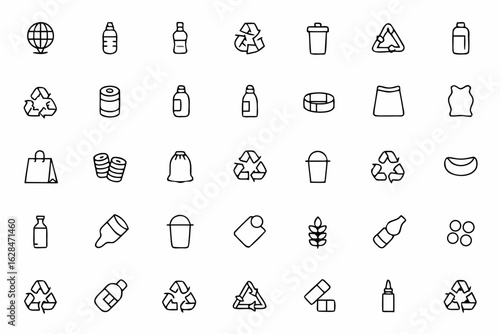 A thoughtful bundle focusing on both reusable and single-use plastic items, great for sustainability content, recycling infographics, and product labeling.