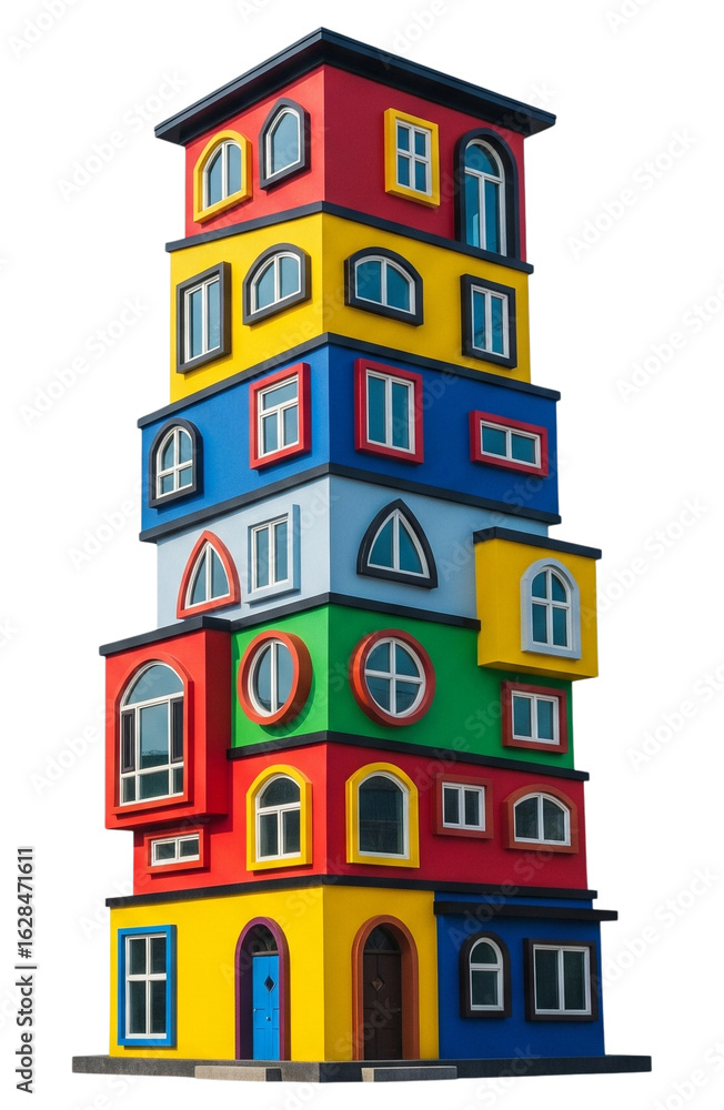 Naklejka premium Colorful multi-story building with various window styles and bright colors isolated on transparent background