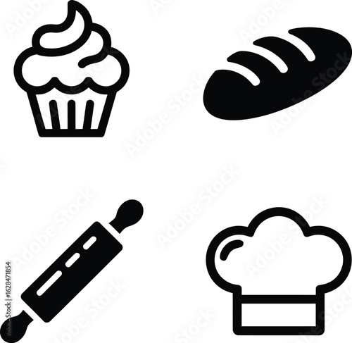 Bakery Icons Silhouettes: Cupcake, Bread, Rolling Pin, Chef Hat