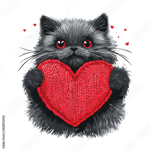 Cat holding red knitted heart image