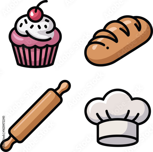 Bakery Icons Silhouettes: Cupcake, Bread, Rolling Pin, Chef Hat