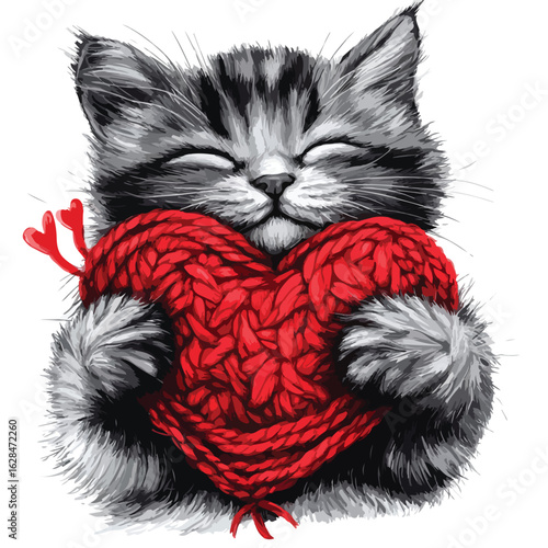 Cat holding red knitted heart image