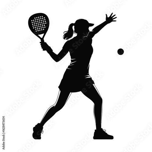 Female padel athlete silhouette preparing for backhand return, minimal sports vector illustration in black and isolated style