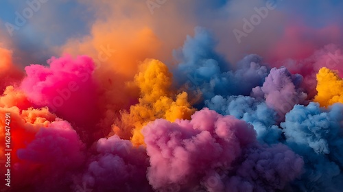 A vibrant landscape of vividly colored smoke, clouds, and abstract formations