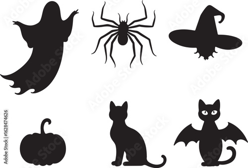 Spooky Halloween Icons Ghost Spider Witch Hat Pumpkin Black Cat Bat