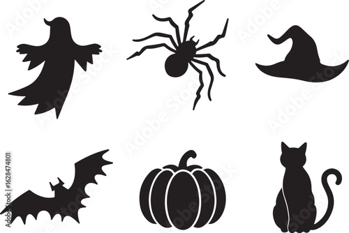 Spooky Halloween icons ghost spider bat pumpkin witch hat black cat