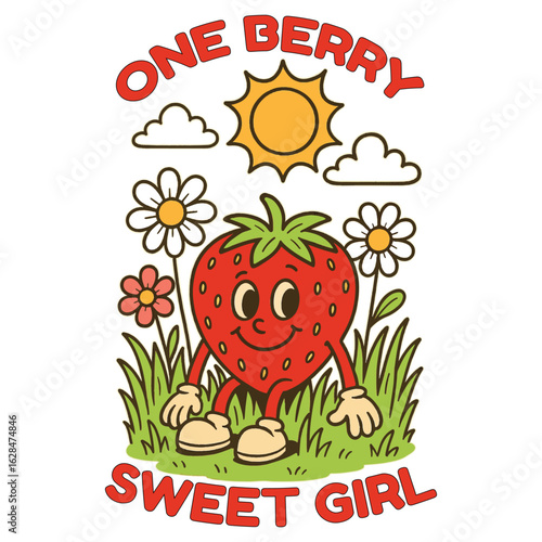 One Berry Sweet Girl. Kawaii Strawberry Pun Illustration for Kids, Baby & Cute Apparel T-shirt Design