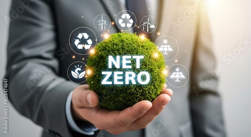 Businessman holding a green moss ball with net zero icons and text sustainability environment