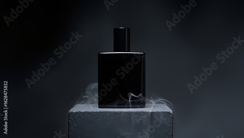 Elegant black perfume bottle on a podium with smoke, capturing luxury and style
