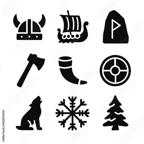 A collection of solid black icons representing Viking history and Norse culture, featuring a longship, helmet, shield, and mythological symbols - Nordic and Viking heritage.
