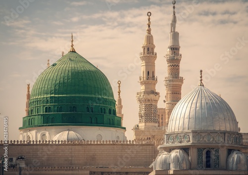 Two domes, one green, one silver, rise atop a mosque complex, their intricate designs detailed against a backdrop of slender minarets reaching towards a muted sky