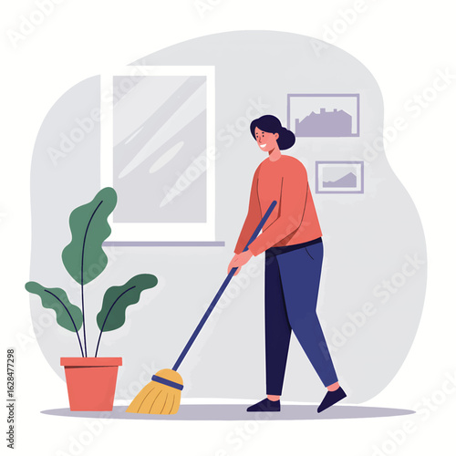Illustration of Woman Sweeping the Floor at Home